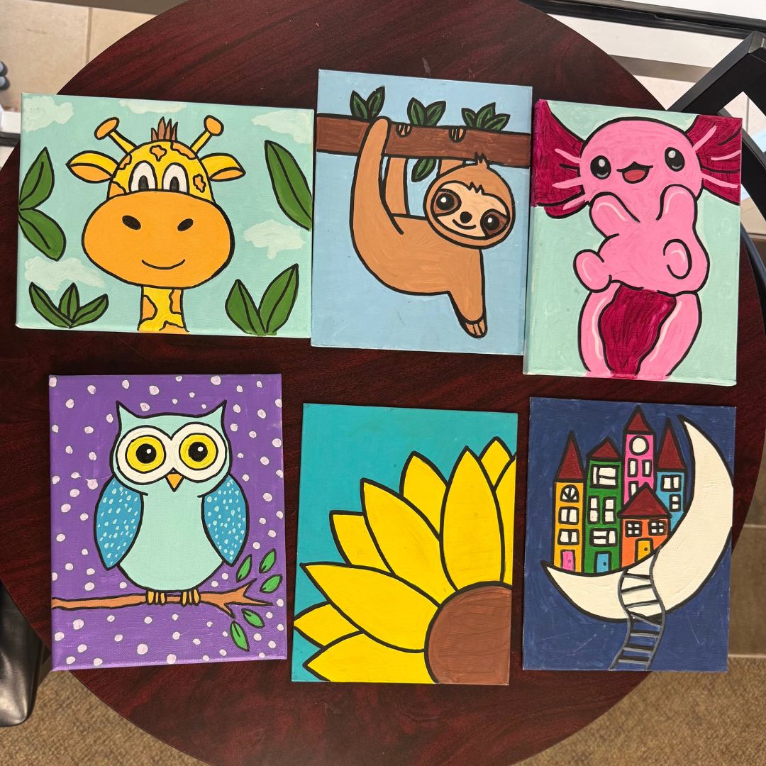 six paintings shown: 1. Giraffe 2. Sloth 3. Axolotl 4. Owl 5. Flower and 6. Moon City
