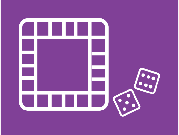 Purple background with white game board and dice