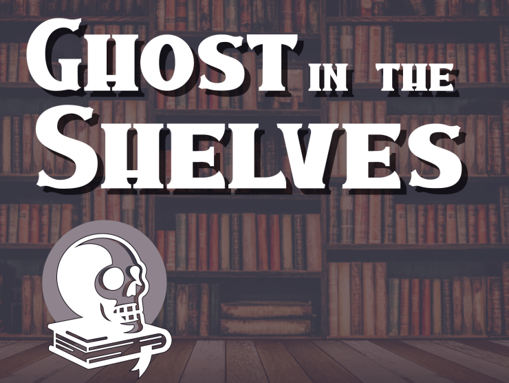 old bookcases in the background; white text "Ghost in the Shelves"