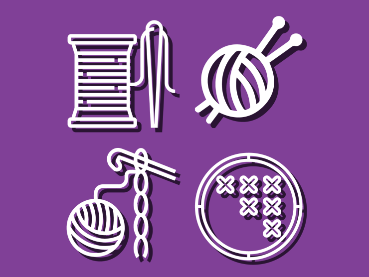 purple background with white line drawings of a spool of thread and a needle; ball of yarn and two knitting needle; ball of yarn with a crochet hook; embroidery