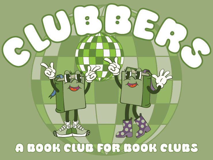 light green background with two retro styled books under a disco ball with white bubble letters saying "book clubbers"