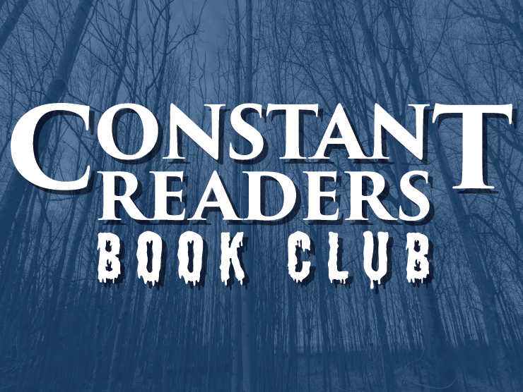 dark blue scary winter woods with with text reading "constant readers book club"