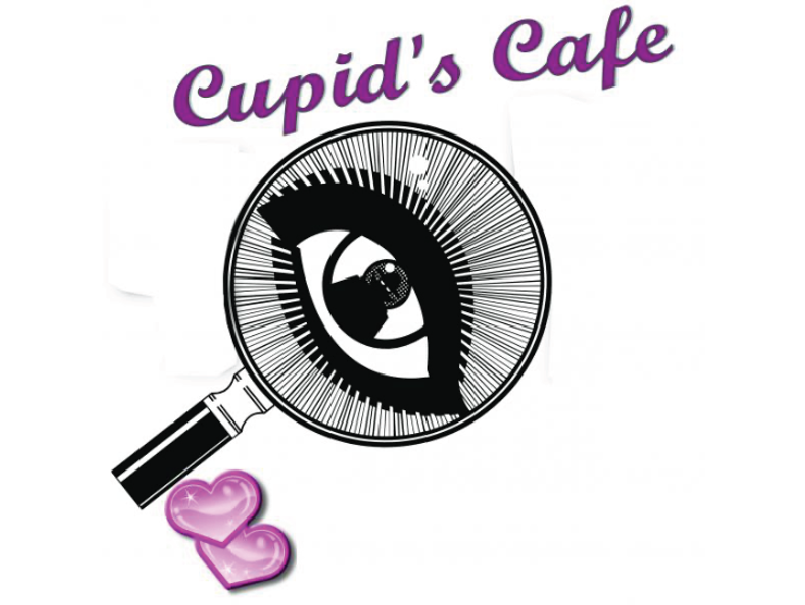 white background with a black magnifying glass with an eye inside it; pink script text above reading "cupid's cafe"