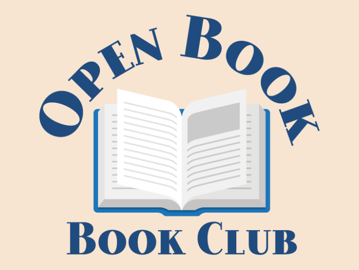 tan background with an illustration of an open book in the middle; text above and below the book reading "open book book club"