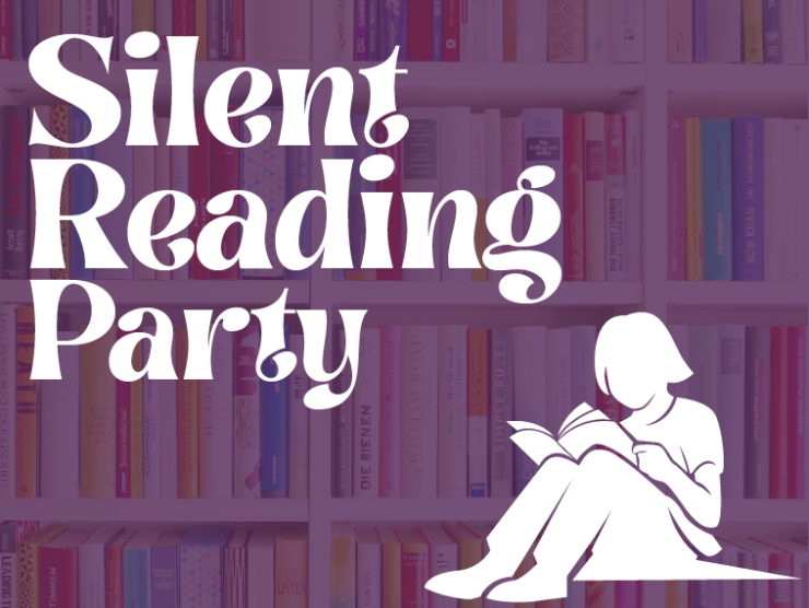 image of a book case with a light purple overlay; white stylized text overlaid on top reading "silent reading party" with a white silhouette of a woman reading