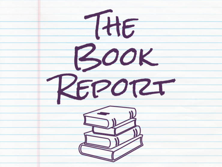 lined notebook paper background with purple handwritten text reading "the book report" and a purple line drawing of a stack of books