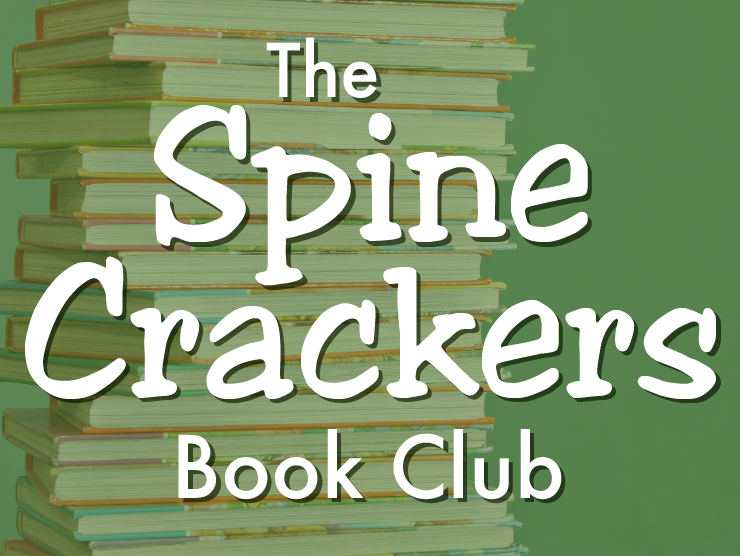 image of a stack of books with a green overlay and white text reading "the spine crackers book clulb"