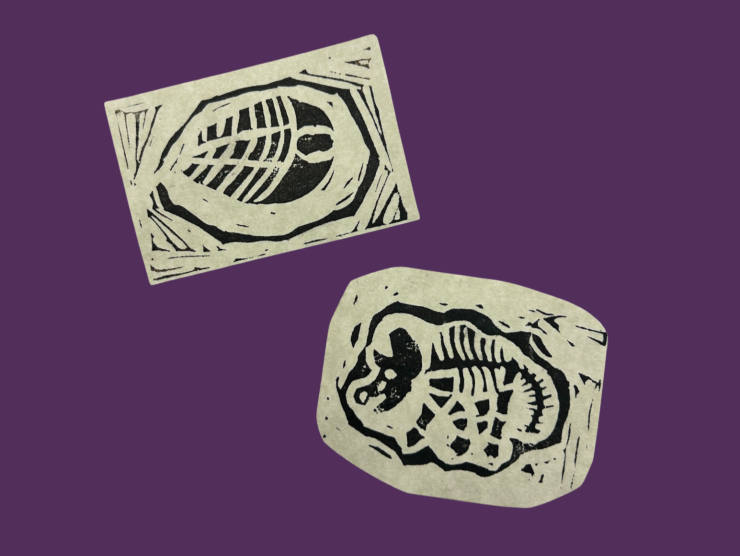 a purple background with two pieces of cut paper, one above and to the left has a stamped trilobite fossil, the other lower and to the right has rounded corners and depecits a stamped fossilized triceratops