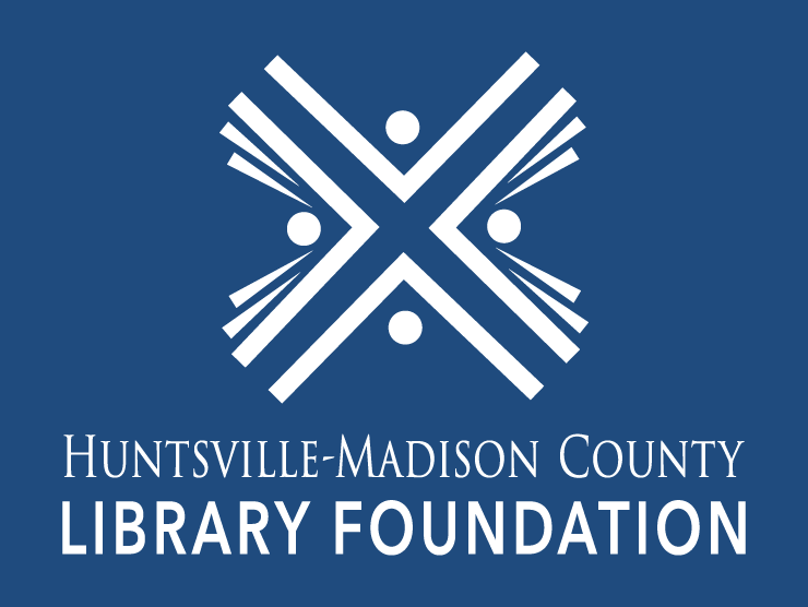 dark blue field with a white cross shaped logo made of stylized books and people; "Huntsville-Madison County Library Foundation" in serif text below