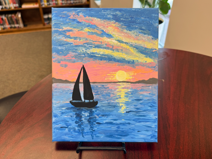 Painting of a sailboat under a pink sky 