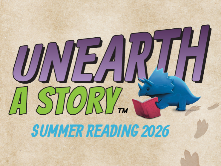 tan background; large purple text "UNEARTH" with smaller bright green text underneath reading "A Story" and "Summer Reading 2026"; there is a small blue dinosaur reading a red book to the right of the words