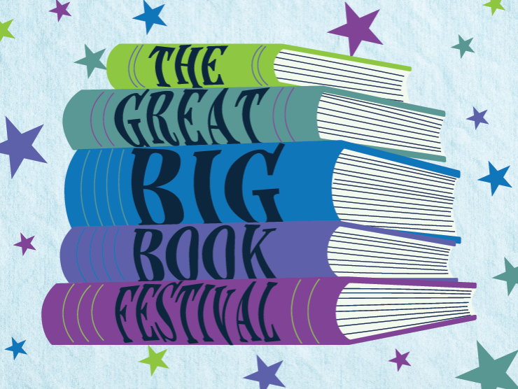 light blue background with 5 illustrated books spines with the words "The Great Big Book Festival" on the spines; multicolor stars are around the books
