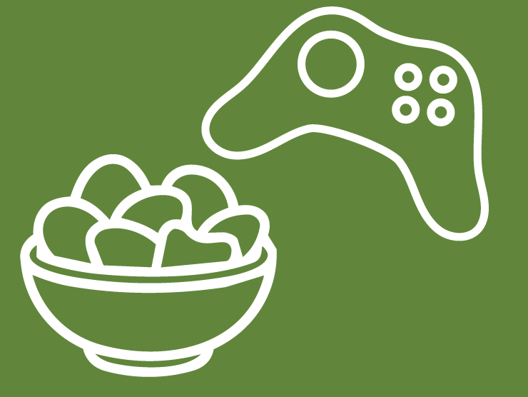 dark green field with white line drawings of a bowl of snacks and a game controller