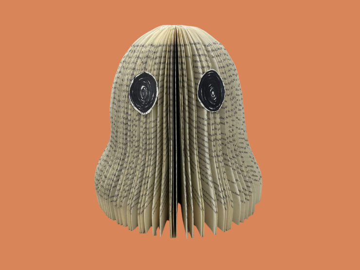 An orange background with a ghost made out of the fanned out paper of a book with two black eyes attached to the front