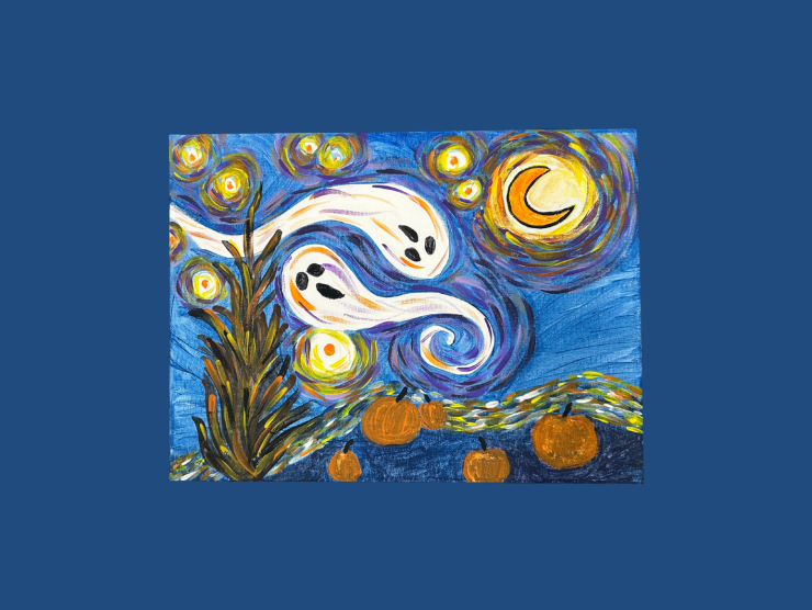 A blue background with a canvas in front depecting a painting of Van Gogh's Starry Night, but it has ghosts in the sky.