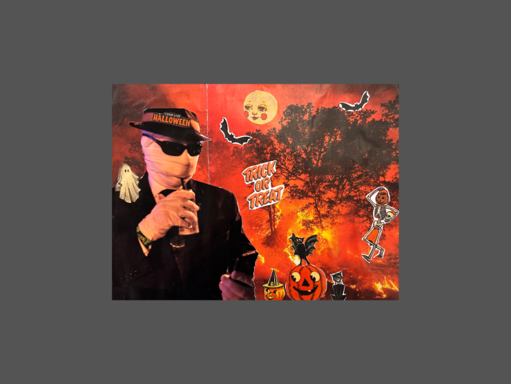 A gray background with a rectangular collage in the center. The collage shows the invisible man sipping a cola, ghosts, bats, pumpkins and a orange forest as the background.